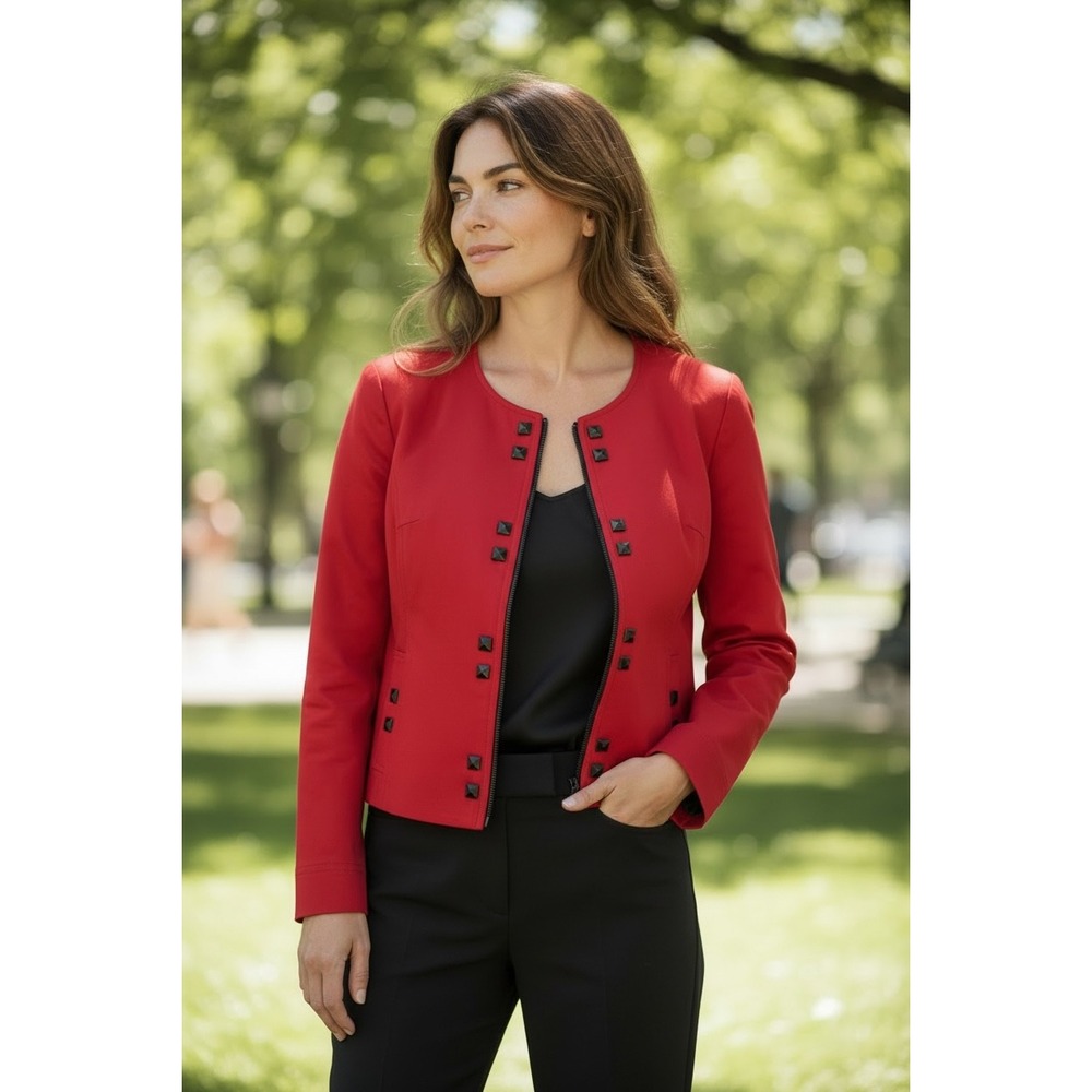 Red Women's Collarless Button-Trim Jacket